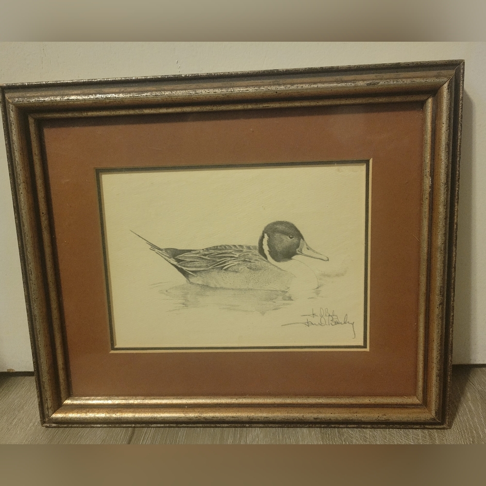 Beautiful artwork of a mallard printed & hand signed in distessed gokd frame